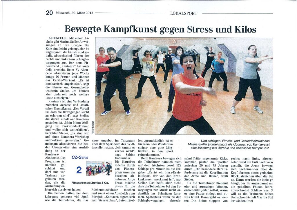 Zeitungsartikel „Bewegte Kampfkunst gegen Stress und Kilos“ über die KANTAERA®-Trainer Marina und Wolfgang Steller in Celle