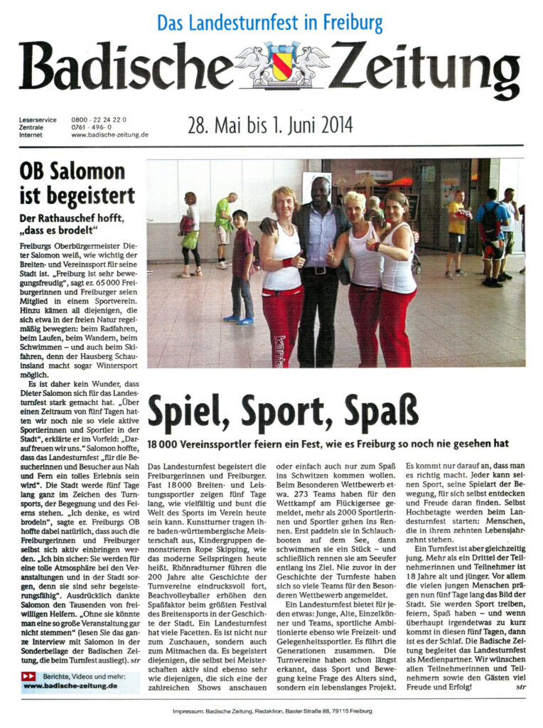 Artikel der Badischen Zeitung zum Landesturnfest Freiburg 2014: „Spiel, Sport, Spaß“