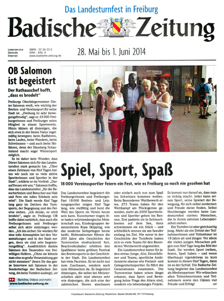 Artikel der Badischen Zeitung zum Landesturnfest Freiburg 2014: „Spiel, Sport, Spaß“